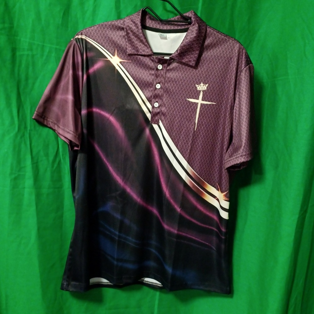 Mens Graphic Polo Shirt Purple Black Cross Crown XL Christian Religious Top